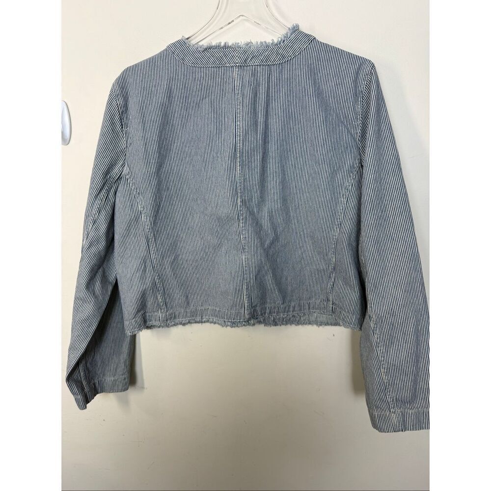 J.Crew Blue White Stripe Denim Cropped Jacket Size 16 NWT 100% Cotton Frayed Tri - Picture 5 of 5